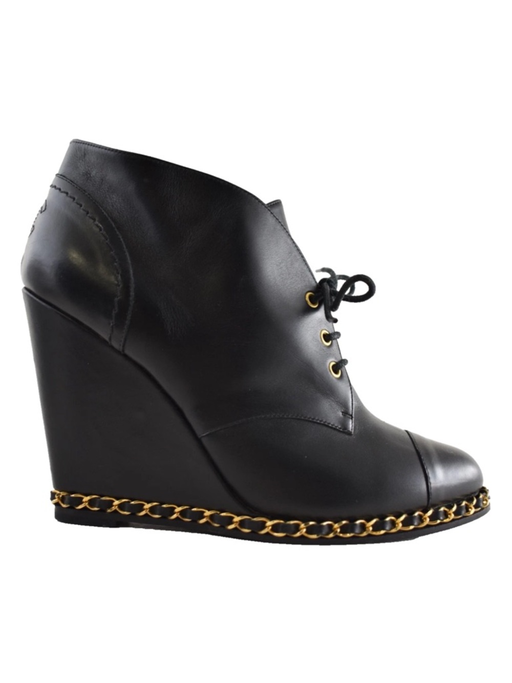 Chanel Black Leather Gold Chain Around CC Logo Lace Up Tie Ankle Wedge Boot 38.5